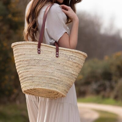 FRENCH BASKET straw bag with leather handles beach bag.: Tan brown